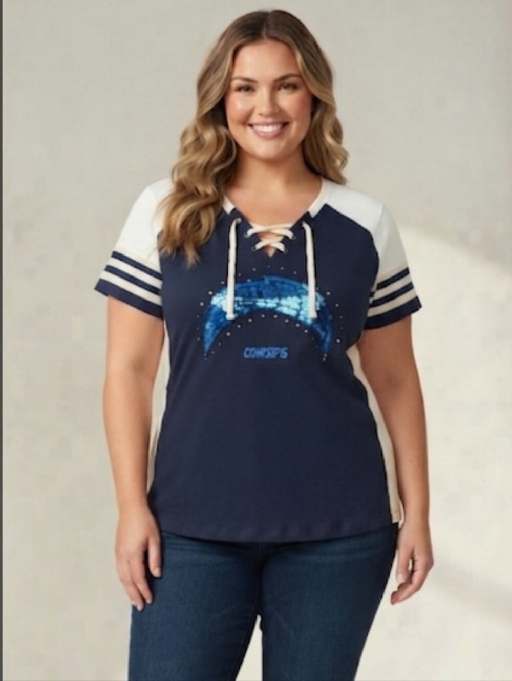 Majestic LA Chargers Women's Sequin/Rhinestone Logo Lace-Up V-Neck Jersey XL